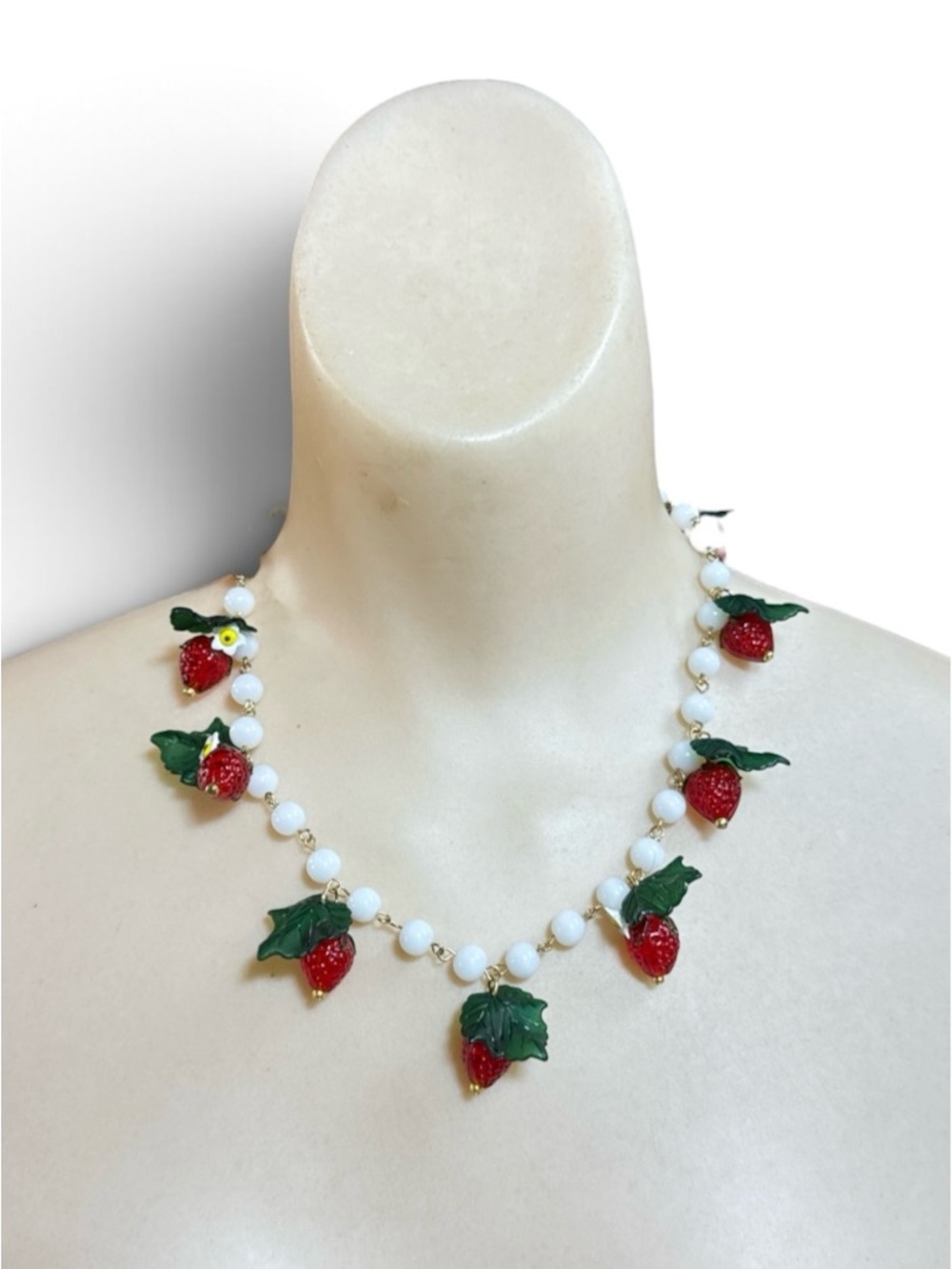 Vintage 1990s Glass Strawberry Charm Milk Glass Bead Necklace 18.5”